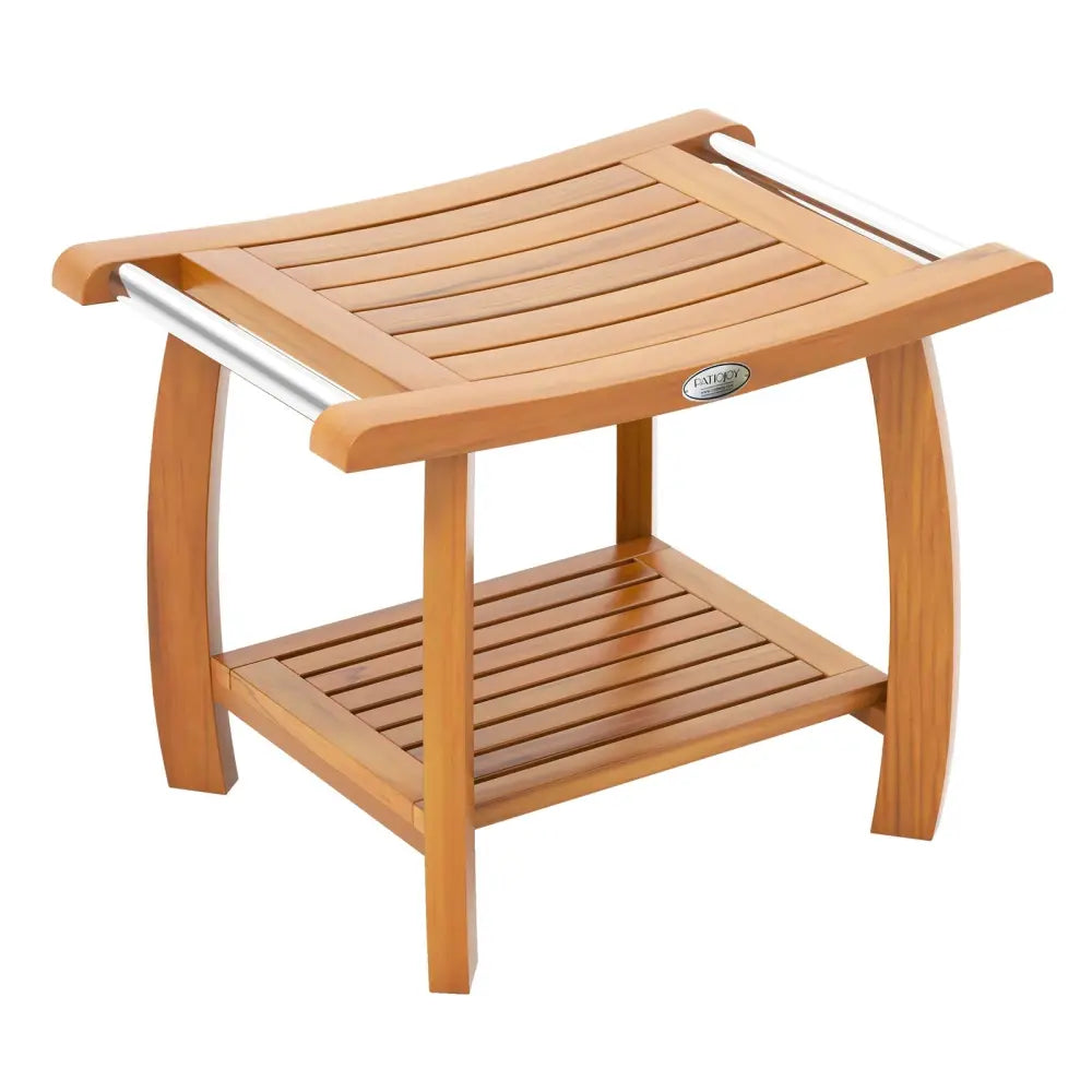 2-Tier Teak Wood Shower Bench Shower Stool with Curved Seat - Natural - Bath Safety