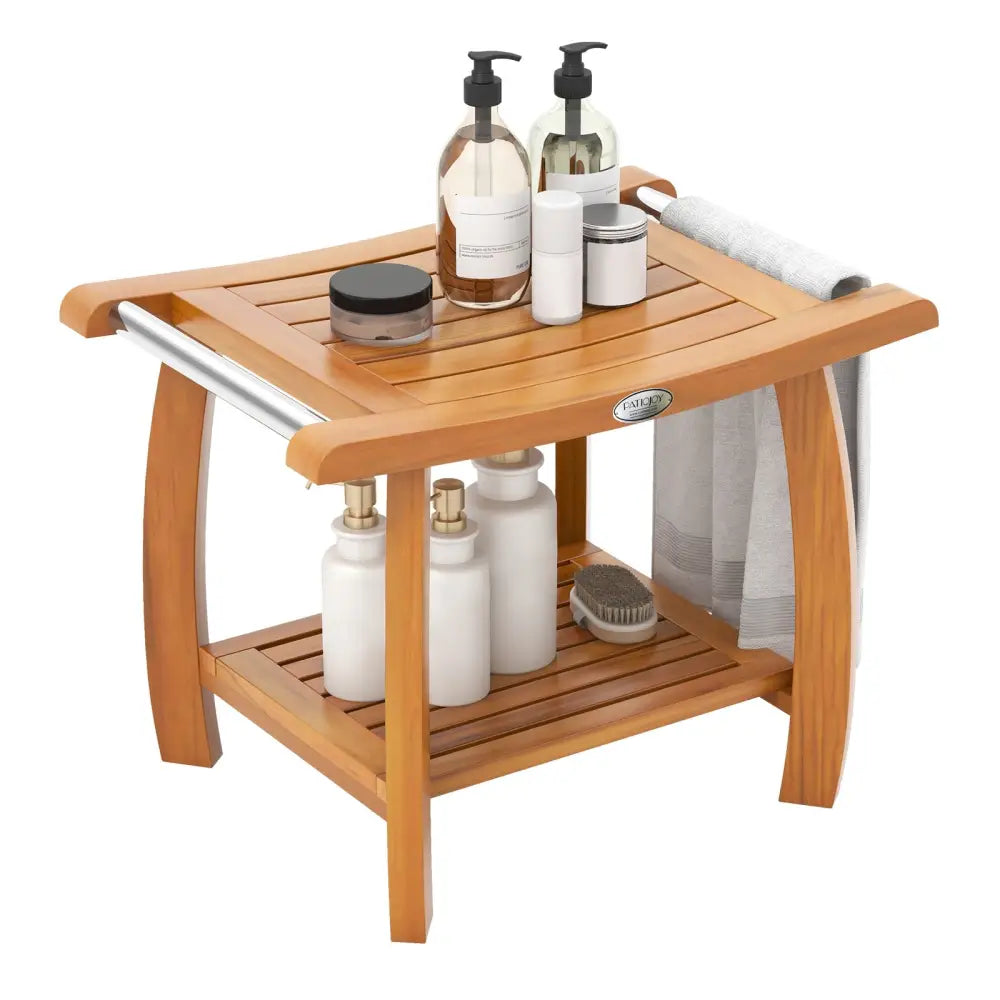 2-Tier Teak Wood Shower Bench Shower Stool with Curved Seat - Natural - Bath Safety