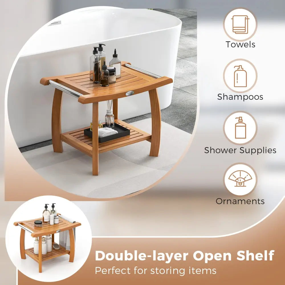 2-Tier Teak Wood Shower Bench Shower Stool with Curved Seat - Natural - Bath Safety