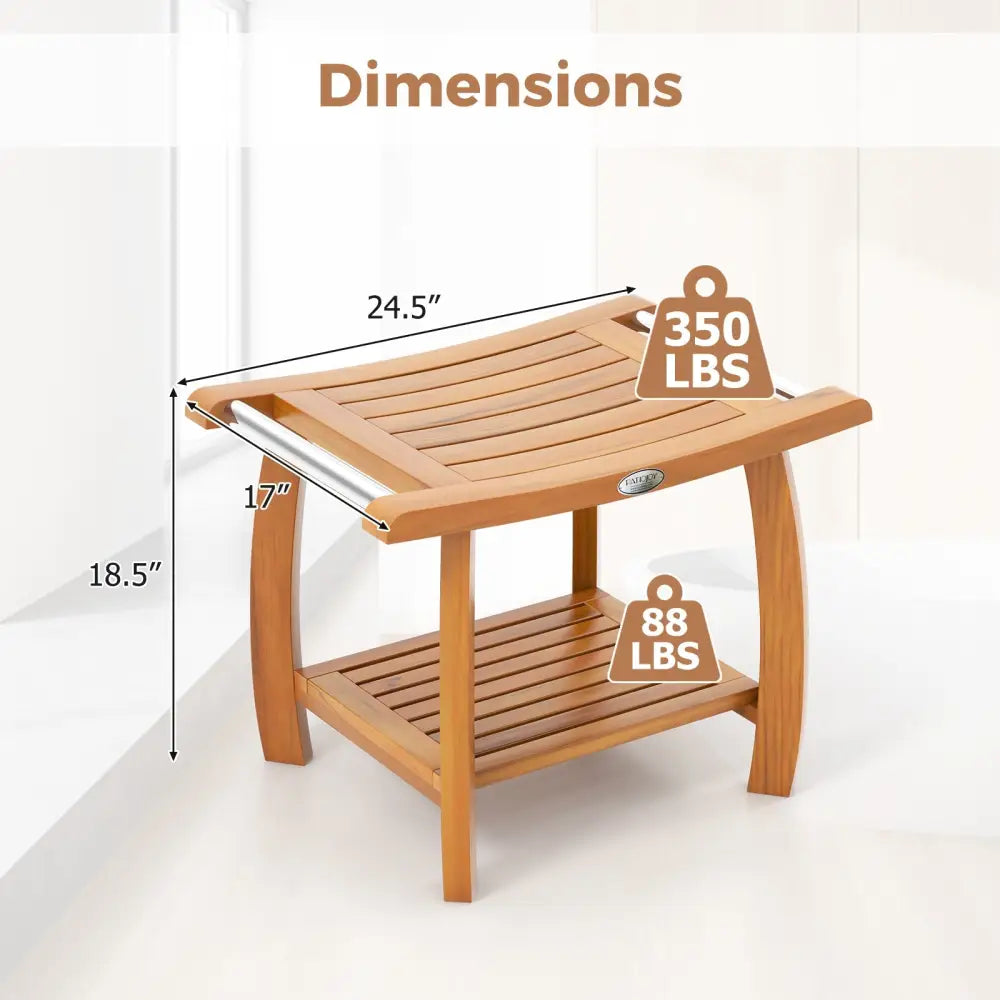 2-Tier Teak Wood Shower Bench Shower Stool with Curved Seat - Natural - Bath Safety