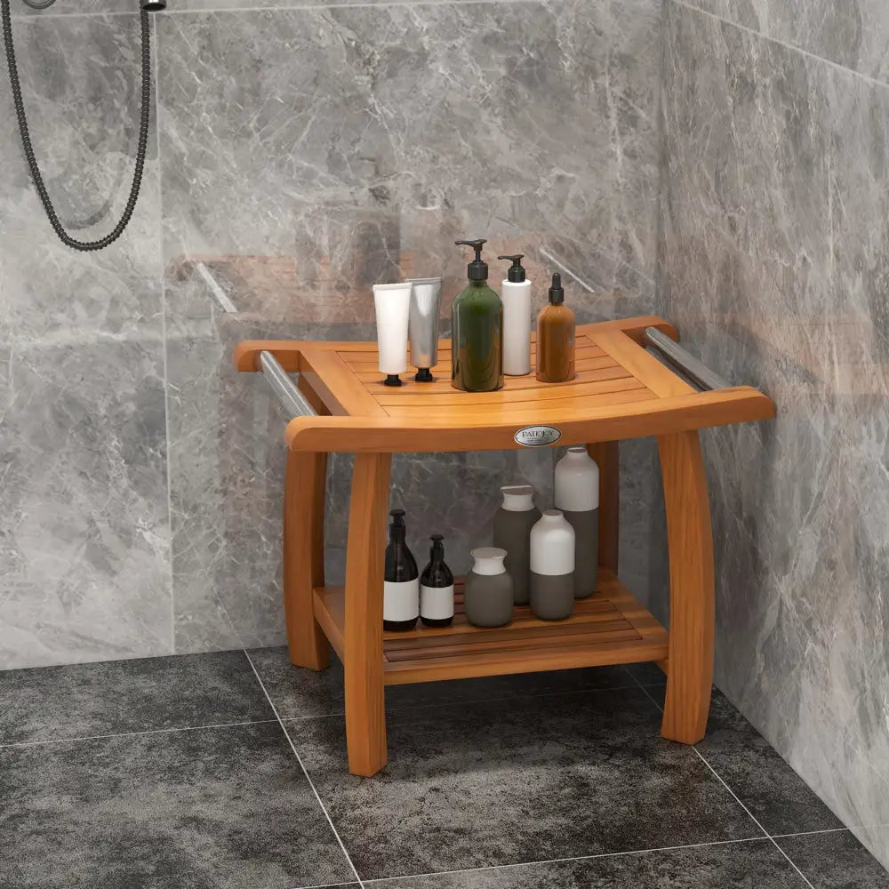 2-Tier Teak Wood Shower Bench Shower Stool with Curved Seat - Natural - Bath Safety
