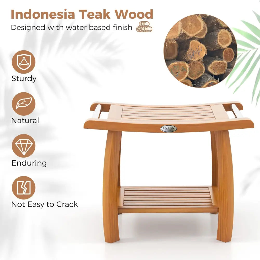 2-Tier Teak Wood Shower Bench Shower Stool with Curved Seat - Natural - Bath Safety