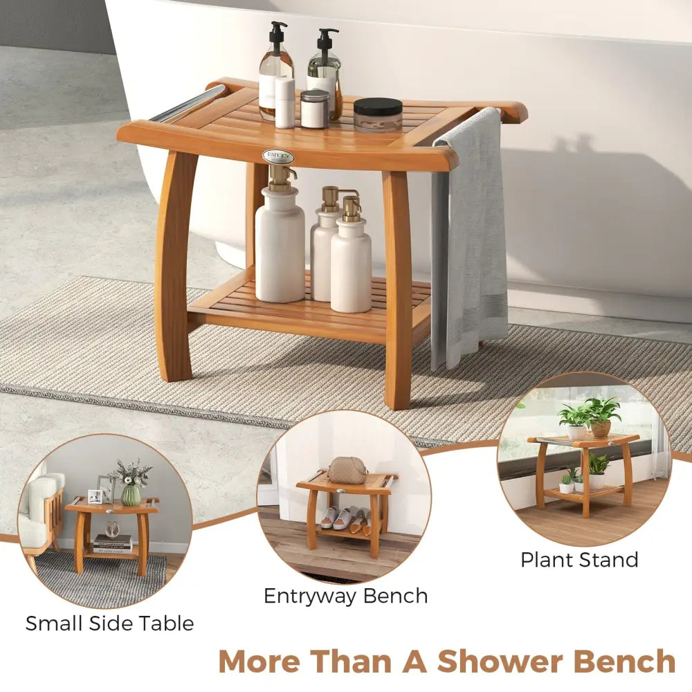 2-Tier Teak Wood Shower Bench Shower Stool with Curved Seat - Natural - Bath Safety