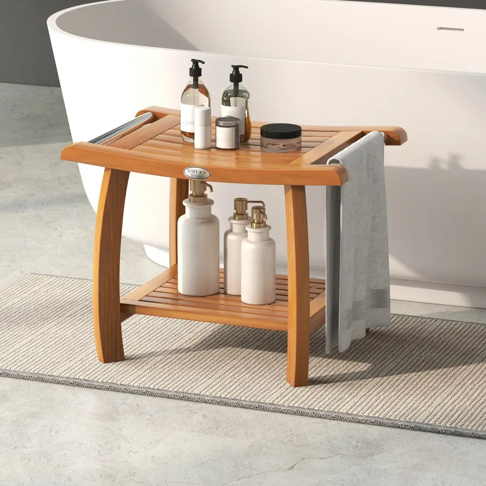 2-Tier Teak Wood Shower Bench Shower Stool with Curved Seat - Natural - Bath Safety