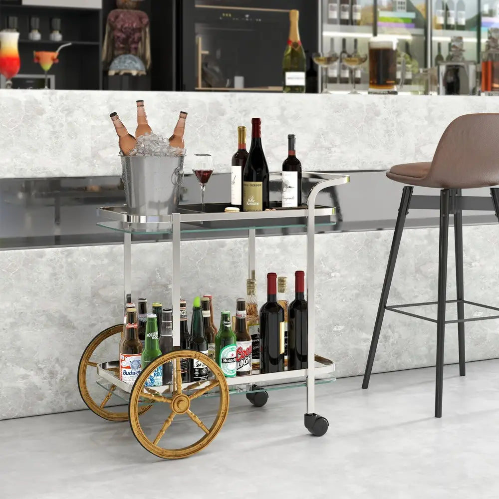 2-Tier Tempered Glass Bar Cart with 2 Large Aluminum Wheels and 2 Rolling Casters Costway