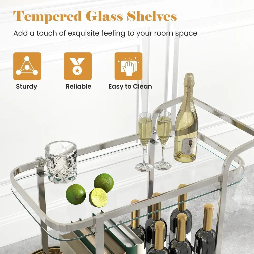 2-Tier Tempered Glass Bar Cart with 2 Large Aluminum Wheels and 2 Rolling Casters Costway