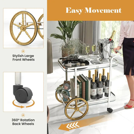 2-Tier Tempered Glass Bar Cart with 2 Large Aluminum Wheels and 2 Rolling Casters Costway