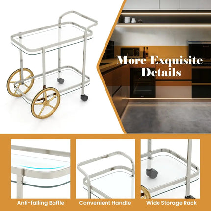 2-Tier Tempered Glass Bar Cart with 2 Large Aluminum Wheels and 2 Rolling Casters Costway