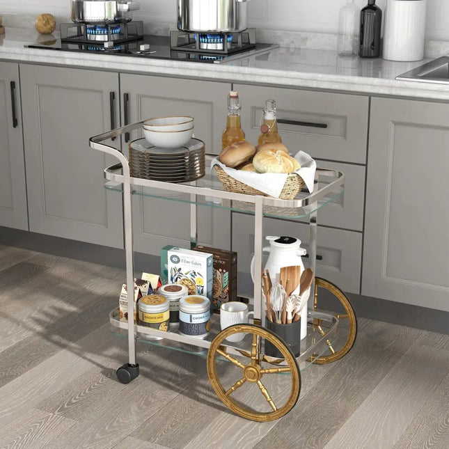 2-Tier Tempered Glass Bar Cart with 2 Large Aluminum Wheels and 2 Rolling Casters Costway
