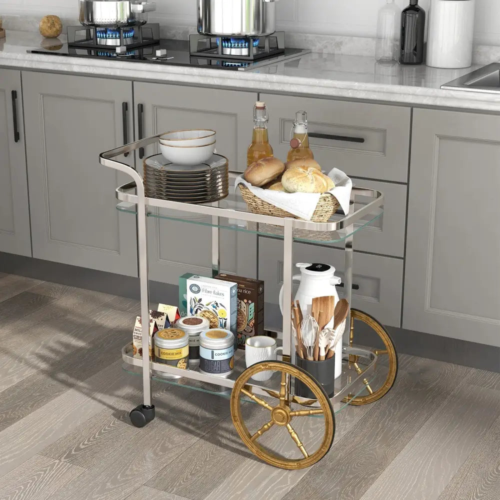 2-Tier Tempered Glass Bar Cart with 2 Large Aluminum Wheels and 2 Rolling Casters Costway