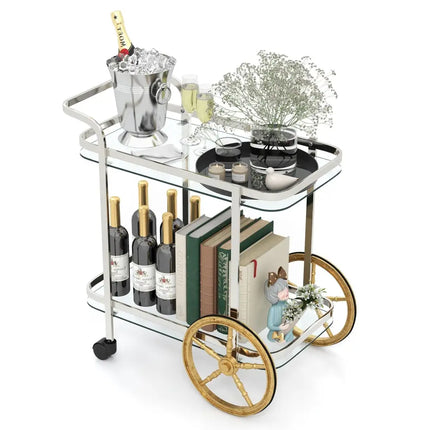 2-Tier Tempered Glass Bar Cart with 2 Large Aluminum Wheels and 2 Rolling Casters Costway