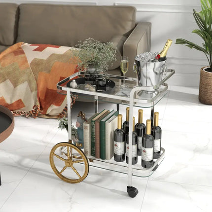 2-Tier Tempered Glass Bar Cart with 2 Large Aluminum Wheels and 2 Rolling Casters Costway
