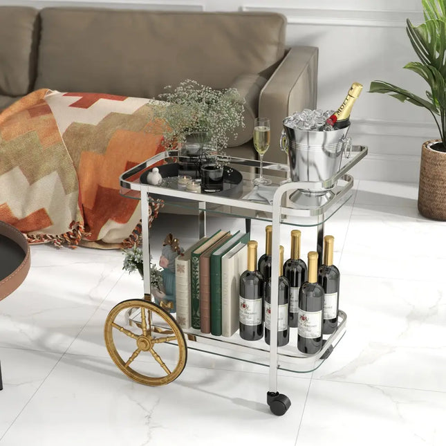 2-Tier Tempered Glass Bar Cart with 2 Large Aluminum Wheels and 2 Rolling Casters Costway