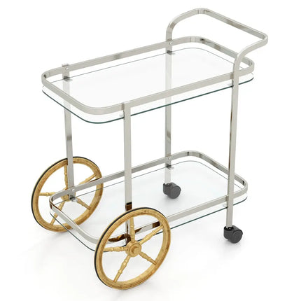 2-Tier Tempered Glass Bar Cart with 2 Large Aluminum Wheels and 2 Rolling Casters Costway