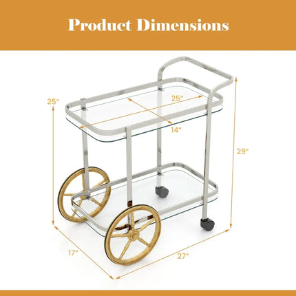 2-Tier Tempered Glass Bar Cart with 2 Large Aluminum Wheels and 2 Rolling Casters Costway