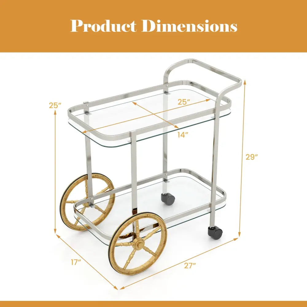 2-Tier Tempered Glass Bar Cart with 2 Large Aluminum Wheels and 2 Rolling Casters Costway