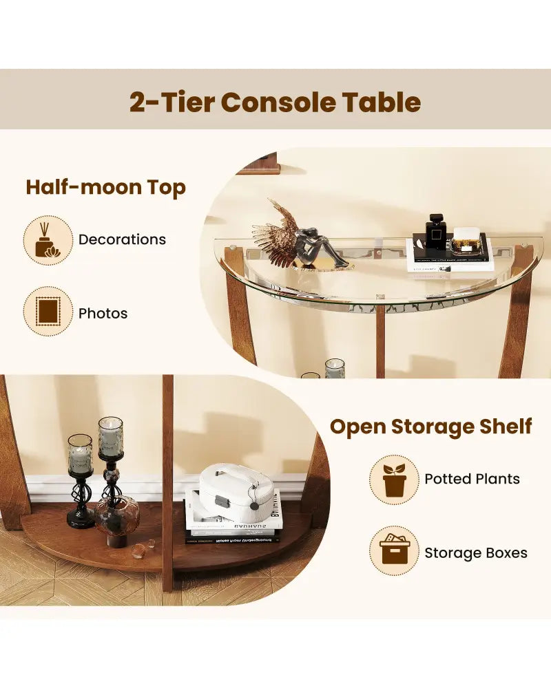2-tier Tempered Glass Console Table with Clear Glass Top and Open Shelf-Walnut - Walnut - End & Side Tables