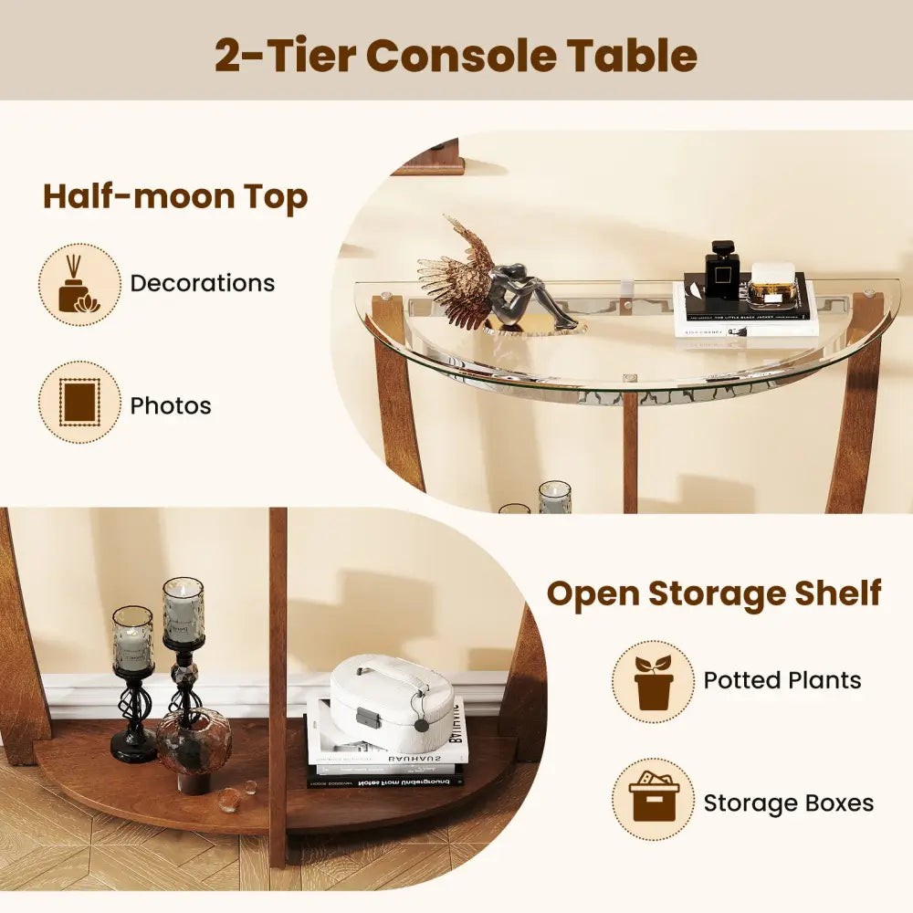 2-tier Tempered Glass Console Table with Clear Glass Top and Open Shelf-Walnut - Walnut - End & Side Tables