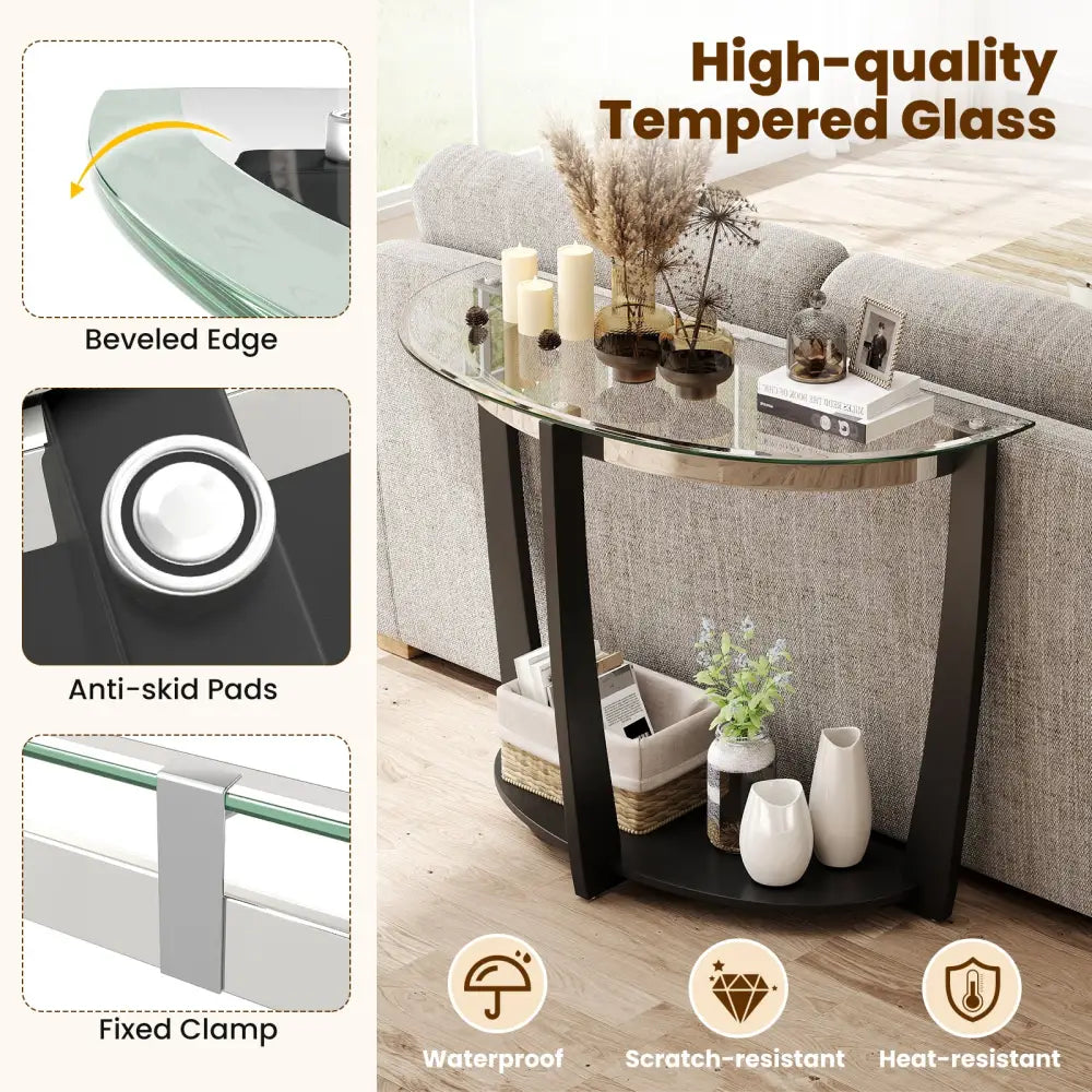 2-tier Tempered Glass Console Table with Clear Glass Top and Open Shelf-Black - Black - End & Side Tables