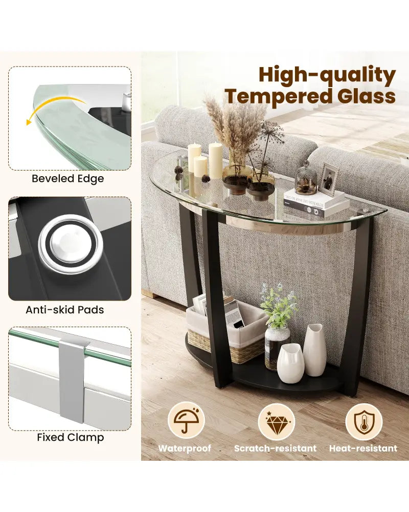 2-tier Tempered Glass Console Table with Clear Glass Top and Open Shelf-Black - Black - End & Side Tables