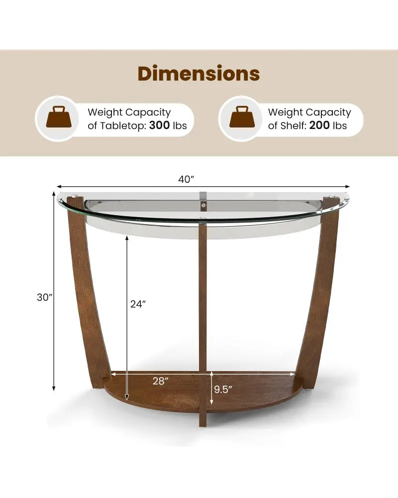 2-tier Tempered Glass Console Table with Clear Glass Top and Open Shelf-Walnut - Walnut - End & Side Tables