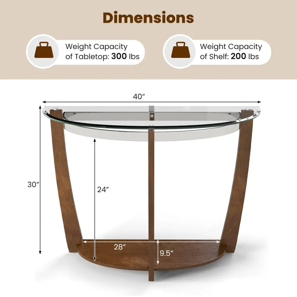 2-tier Tempered Glass Console Table with Clear Glass Top and Open Shelf-Walnut - Walnut - End & Side Tables