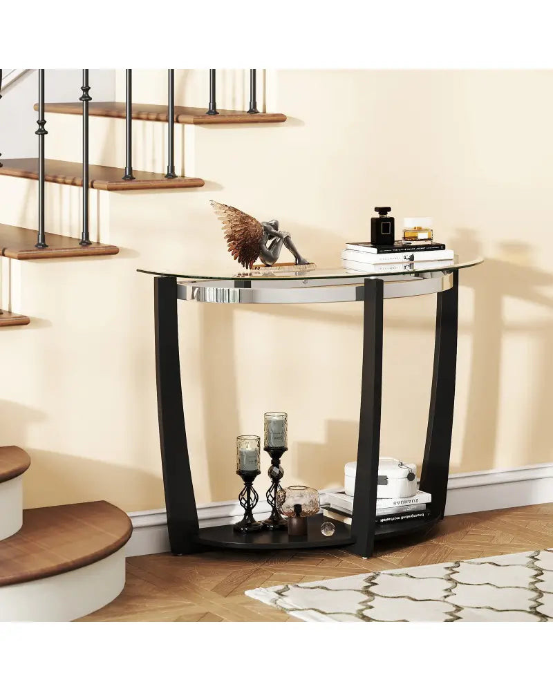 2-tier Tempered Glass Console Table with Clear Glass Top and Open Shelf-Black - Black - End & Side Tables