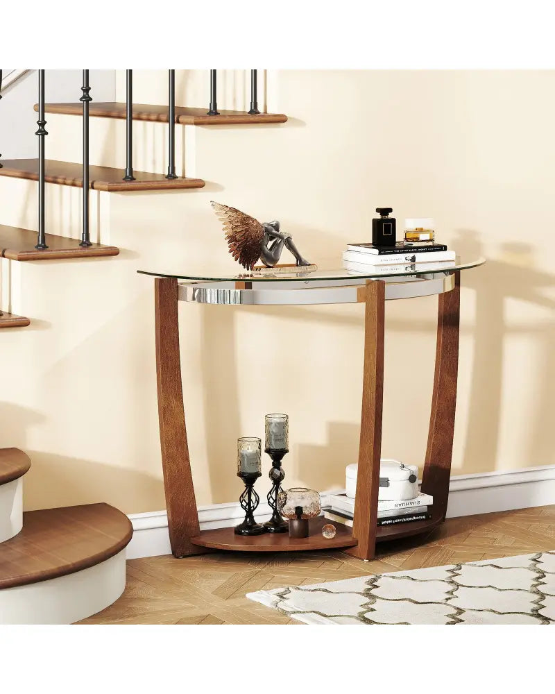 2-tier Tempered Glass Console Table with Clear Glass Top and Open Shelf-Walnut - Walnut - End & Side Tables