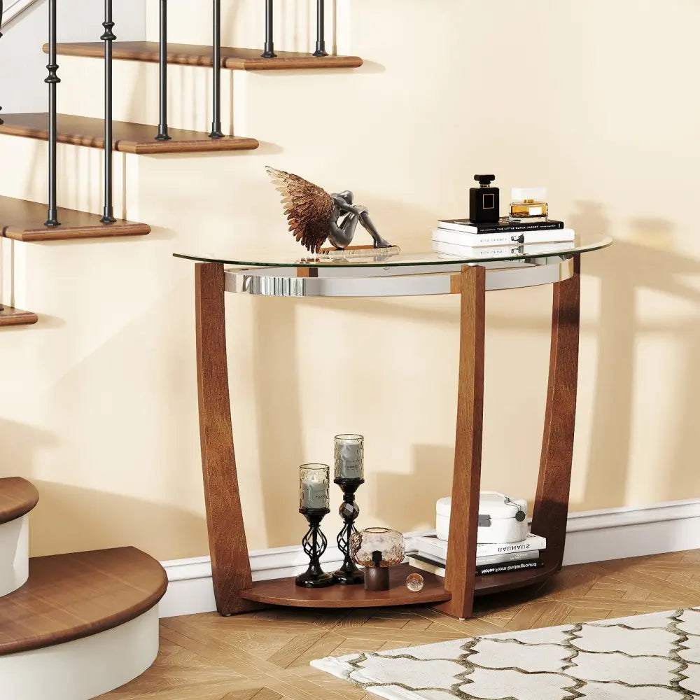 2-tier Tempered Glass Console Table with Clear Glass Top and Open Shelf-Walnut - Walnut - End & Side Tables