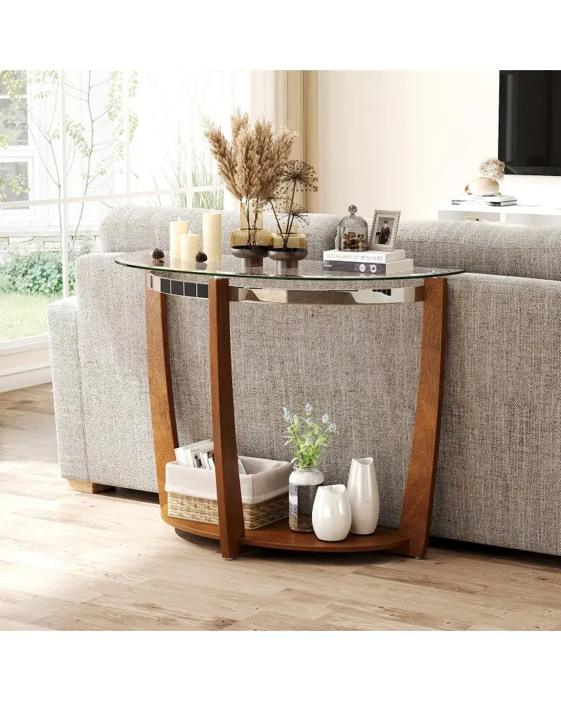2-tier Tempered Glass Console Table with Clear Glass Top and Open Shelf-Walnut - Walnut - End & Side Tables