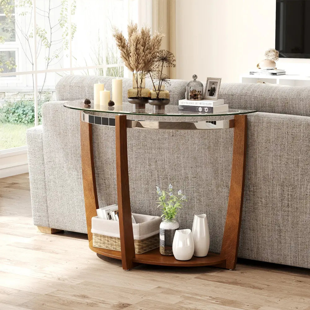 2-tier Tempered Glass Console Table with Clear Glass Top and Open Shelf-Walnut - Walnut - End & Side Tables