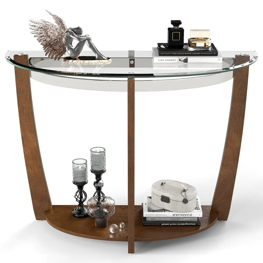 2-tier Tempered Glass Console Table with Clear Glass Top and Open Shelf-Walnut - Walnut - End & Side Tables