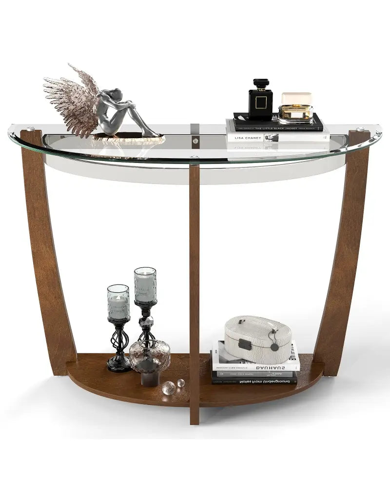 2-tier Tempered Glass Console Table with Clear Glass Top and Open Shelf-Walnut - Walnut - End & Side Tables
