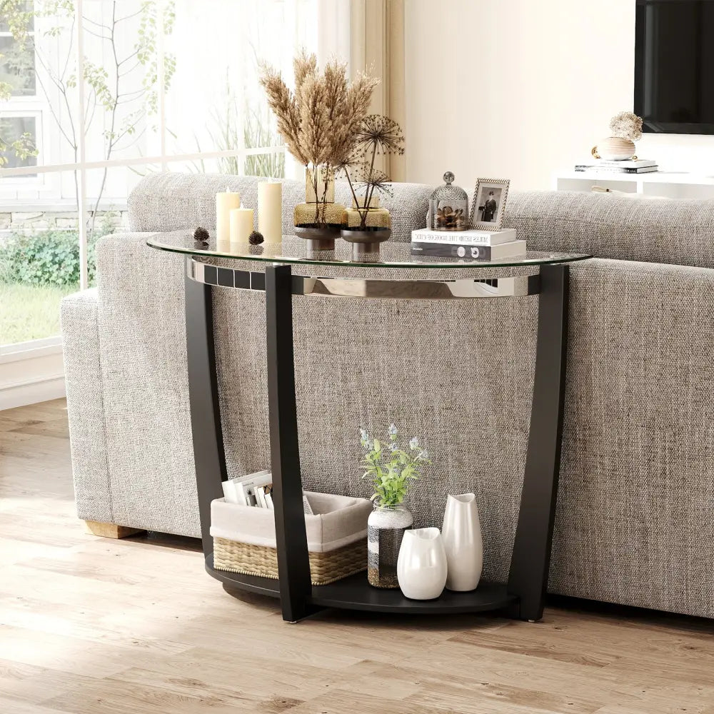 2-tier Tempered Glass Console Table with Clear Glass Top and Open Shelf-Black - Black - End & Side Tables