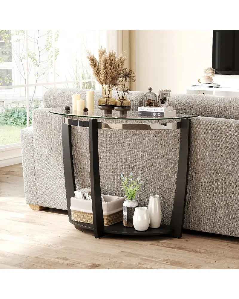 2-tier Tempered Glass Console Table with Clear Glass Top and Open Shelf-Black - Black - End & Side Tables