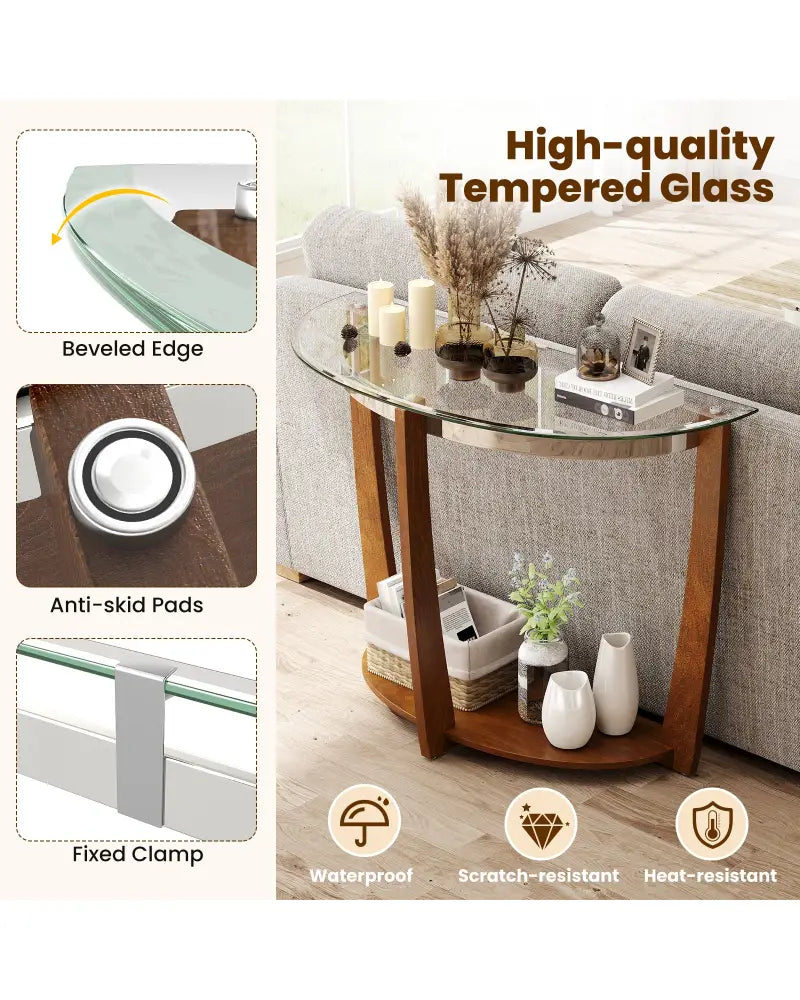 2-tier Tempered Glass Console Table with Clear Glass Top and Open Shelf-Walnut - Walnut - End & Side Tables