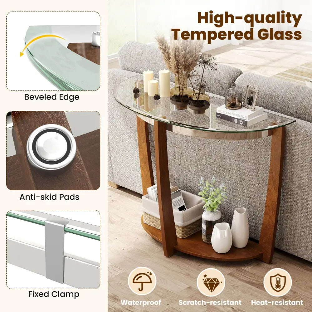 2-tier Tempered Glass Console Table with Clear Glass Top and Open Shelf-Walnut - Walnut - End & Side Tables