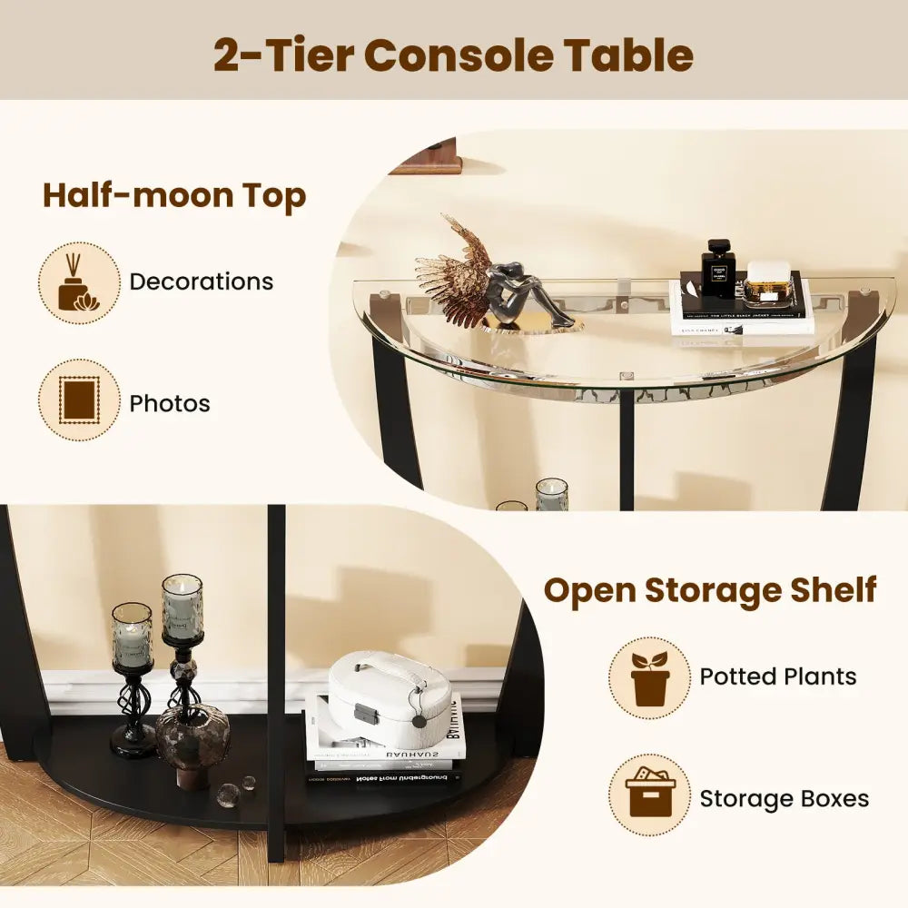 2-tier Tempered Glass Console Table with Clear Glass Top and Open Shelf-Black - Black - End & Side Tables