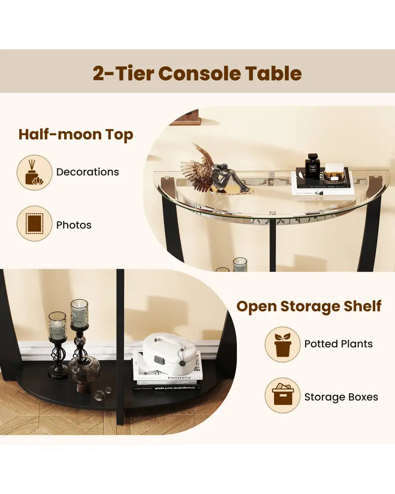 2-tier Tempered Glass Console Table with Clear Glass Top and Open Shelf-Black - Black - End & Side Tables