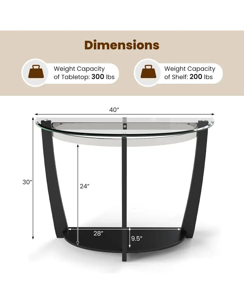 2-tier Tempered Glass Console Table with Clear Glass Top and Open Shelf-Black - Black - End & Side Tables