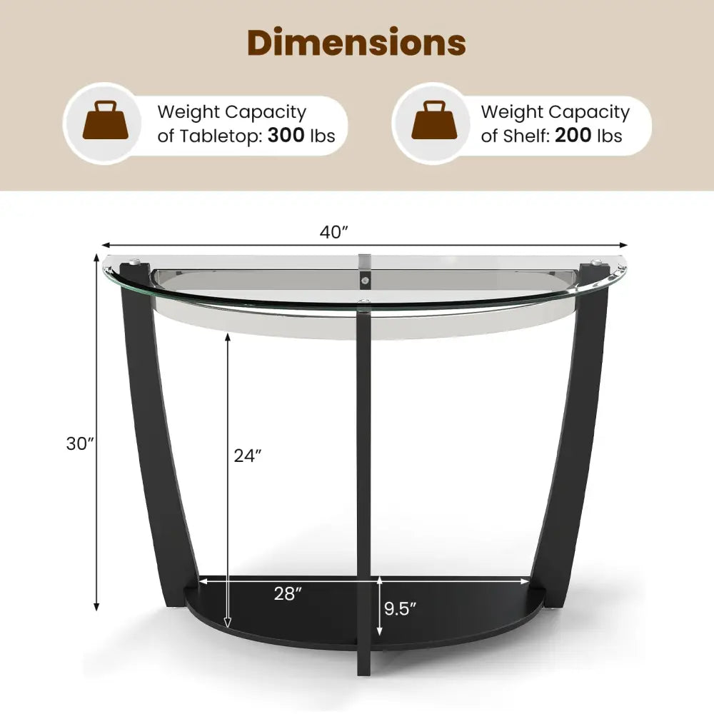 2-tier Tempered Glass Console Table with Clear Glass Top and Open Shelf-Black - Black - End & Side Tables