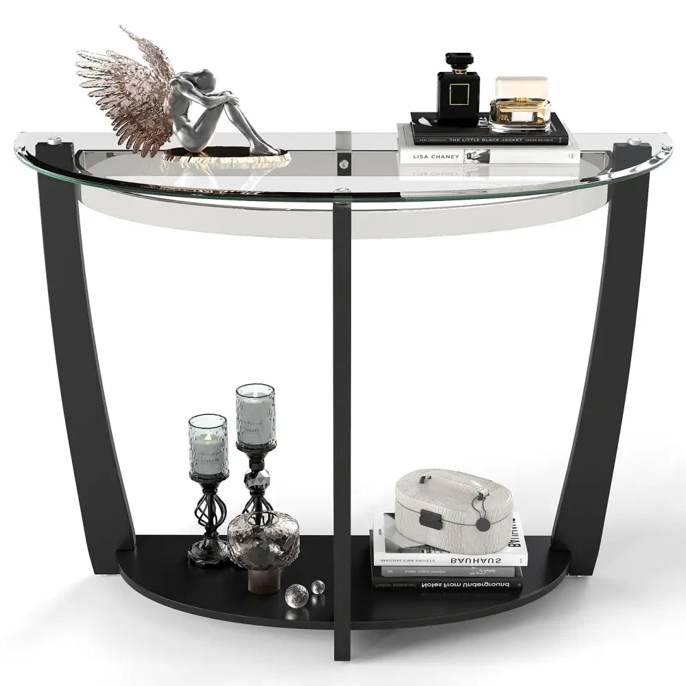 2-tier Tempered Glass Console Table with Clear Glass Top and Open Shelf-Black - Black - End & Side Tables