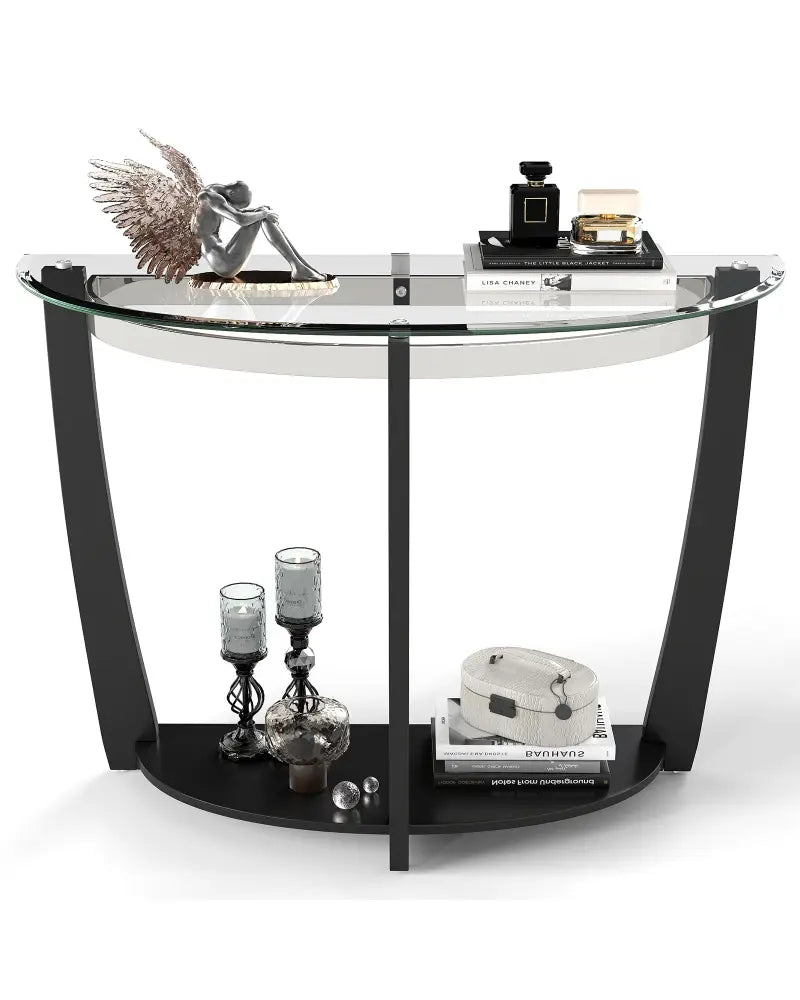 2-tier Tempered Glass Console Table with Clear Glass Top and Open Shelf-Black - Black - End & Side Tables