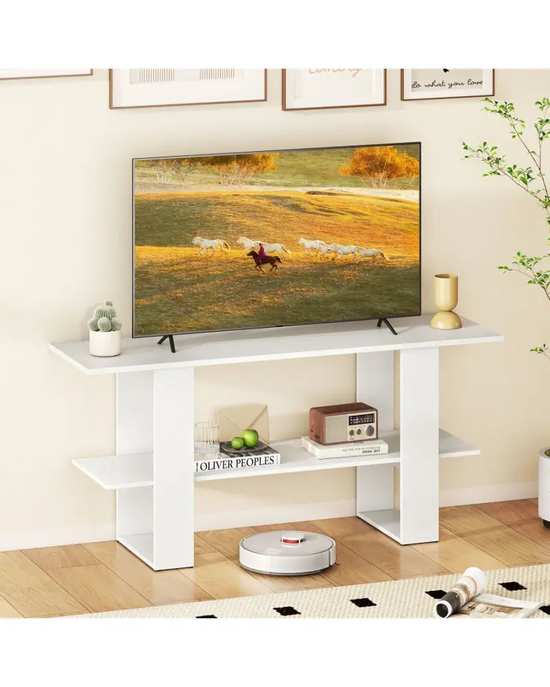 2-Tier TV Stand with Storage for TVs up to 55 Inch Console Table with Open Shelf-White - White - Entertainment Centers