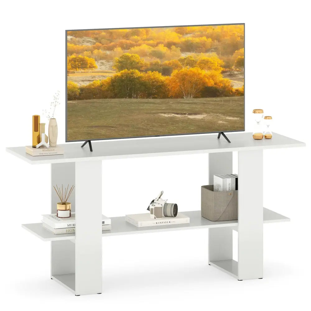 2-Tier TV Stand with Storage for TVs up to 55 Inch Console Table with Open Shelf-White - White - Entertainment Centers