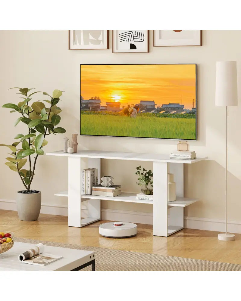 2-Tier TV Stand with Storage for TVs up to 55 Inch Console Table with Open Shelf-White - White - Entertainment Centers