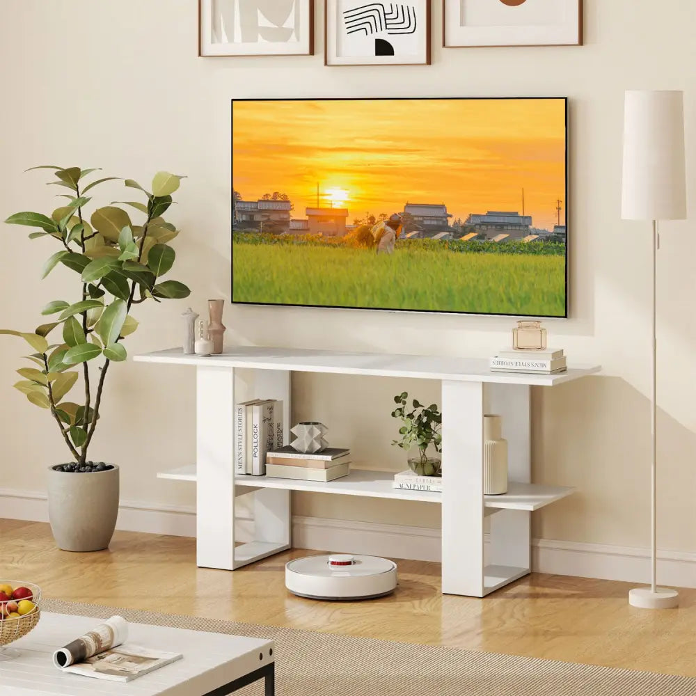 2-Tier TV Stand with Storage for TVs up to 55 Inch Console Table with Open Shelf-White - White - Entertainment Centers
