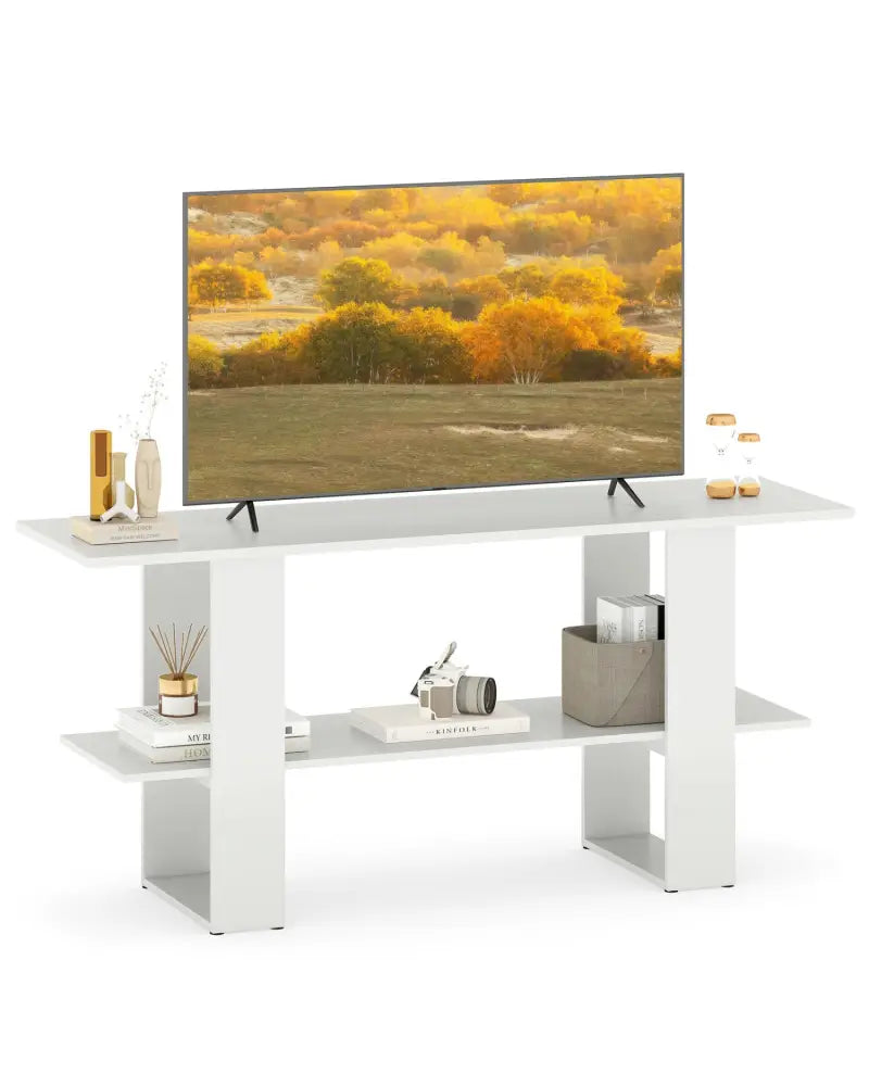 2-Tier TV Stand with Storage for TVs up to 55 Inch Console Table with Open Shelf-White - White - Entertainment Centers