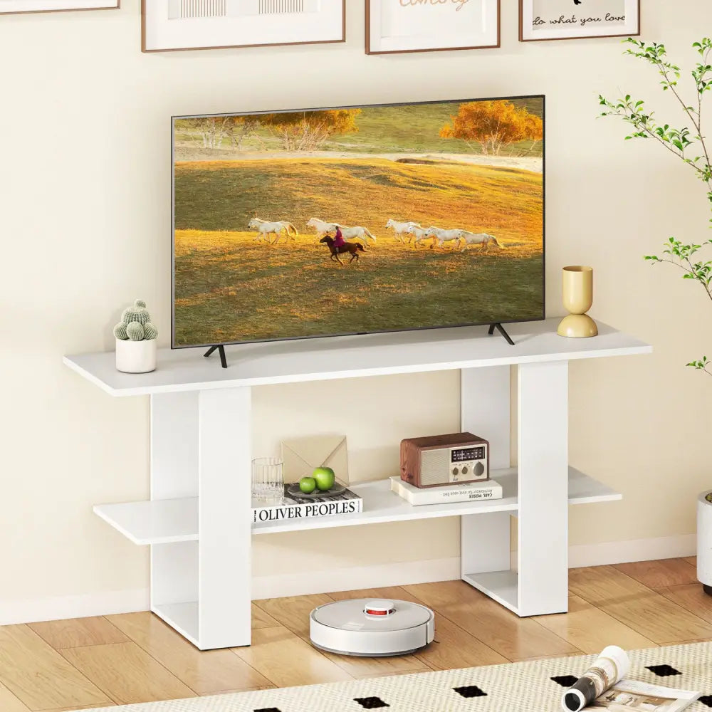 2-Tier TV Stand with Storage for TVs up to 55 Inch Console Table with Open Shelf-White - White - Entertainment Centers