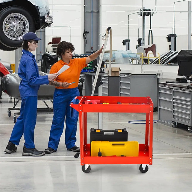 2-Tier Utility Cart with Handle and Heavy-Duty Metal Frame-Red - Red - Garages